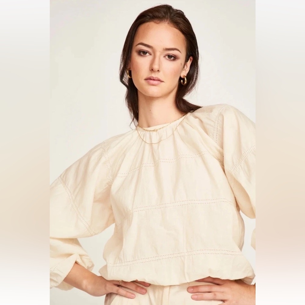 Mirth Andaman Alabaster Cotton Voile  Bubble Sleeve Top Blouse Sz Medium